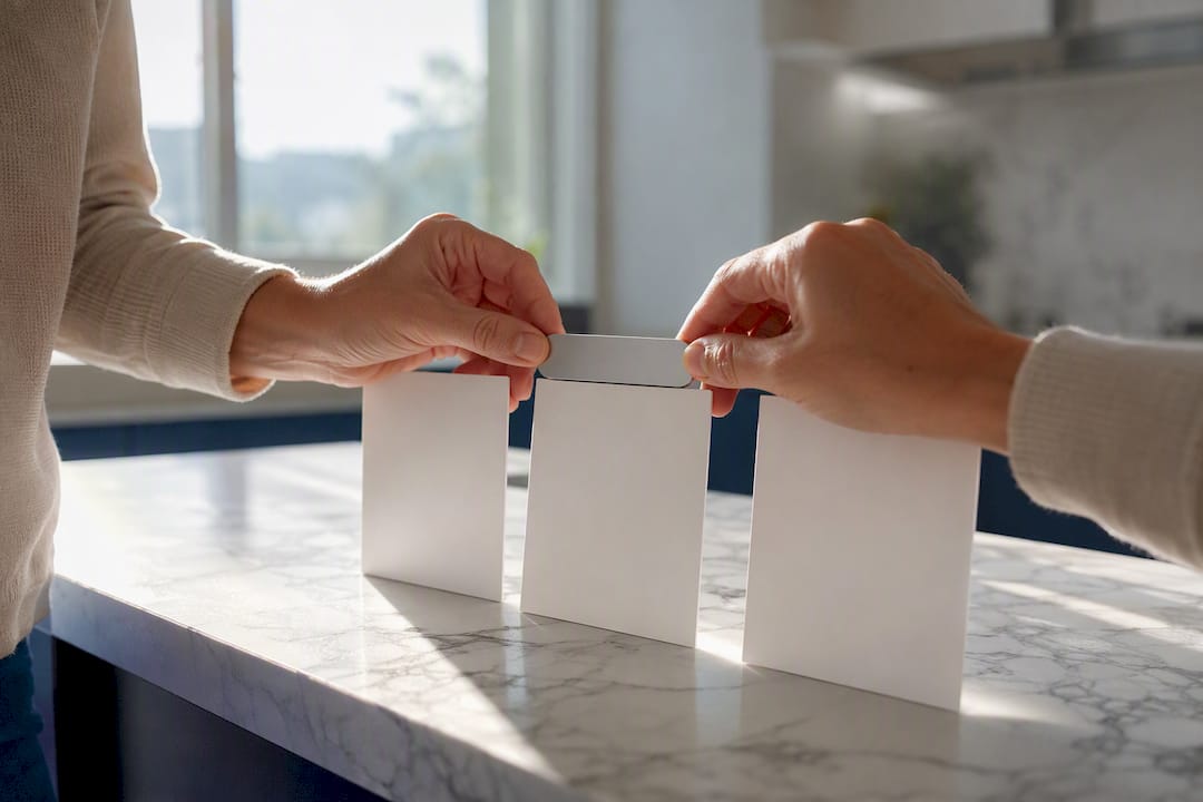Hands placing a badge on pricing card