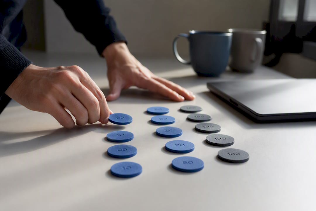 Hands placing pricing tokens on modern desk