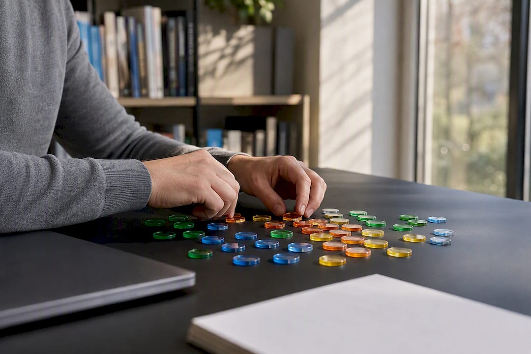 Hands arranging usage tokens on table