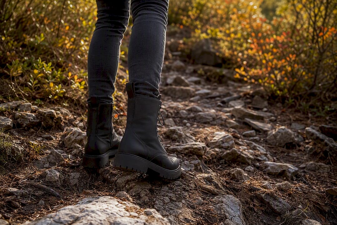 Feet walking through brush in 8 inch boots