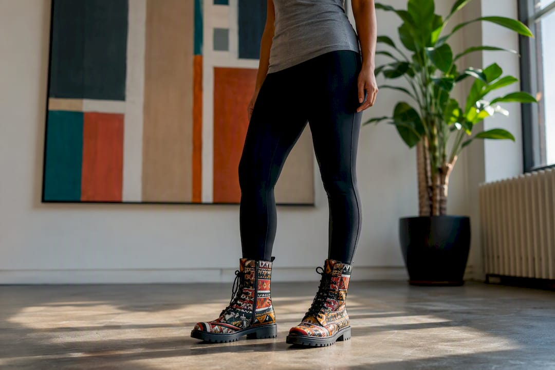 Printed combat boots with plain clothing