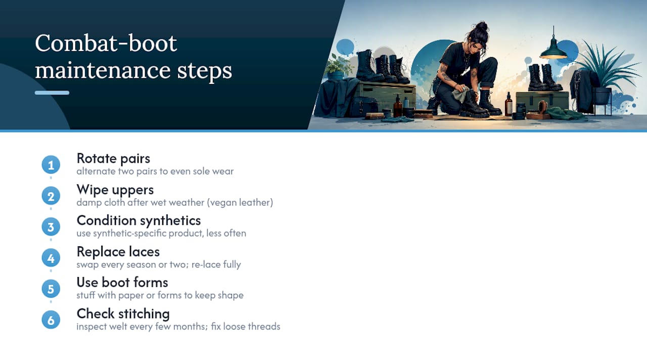 Diagram of combat boots care and maintenance steps