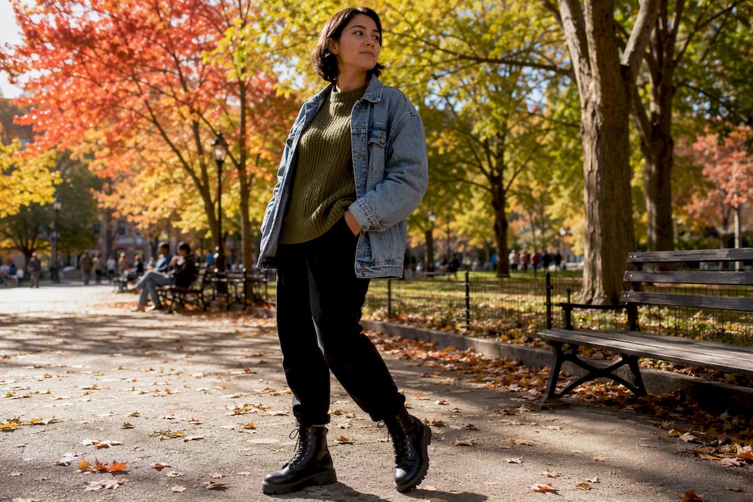 Black combat boots with warm autumn outfit
