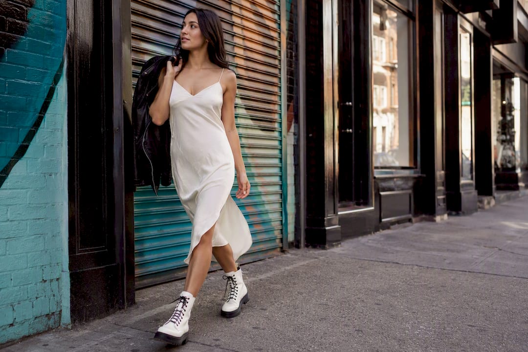 Slipdress and biker jacket with white combat boots