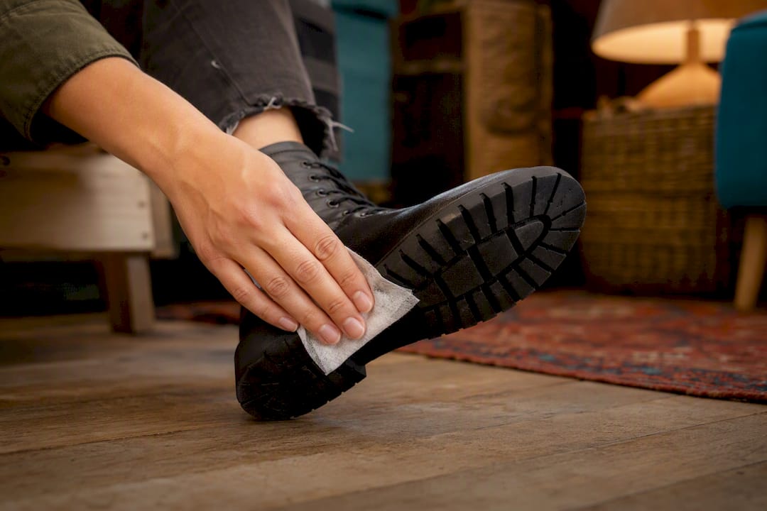 Hand applying dryer sheet to boot sole