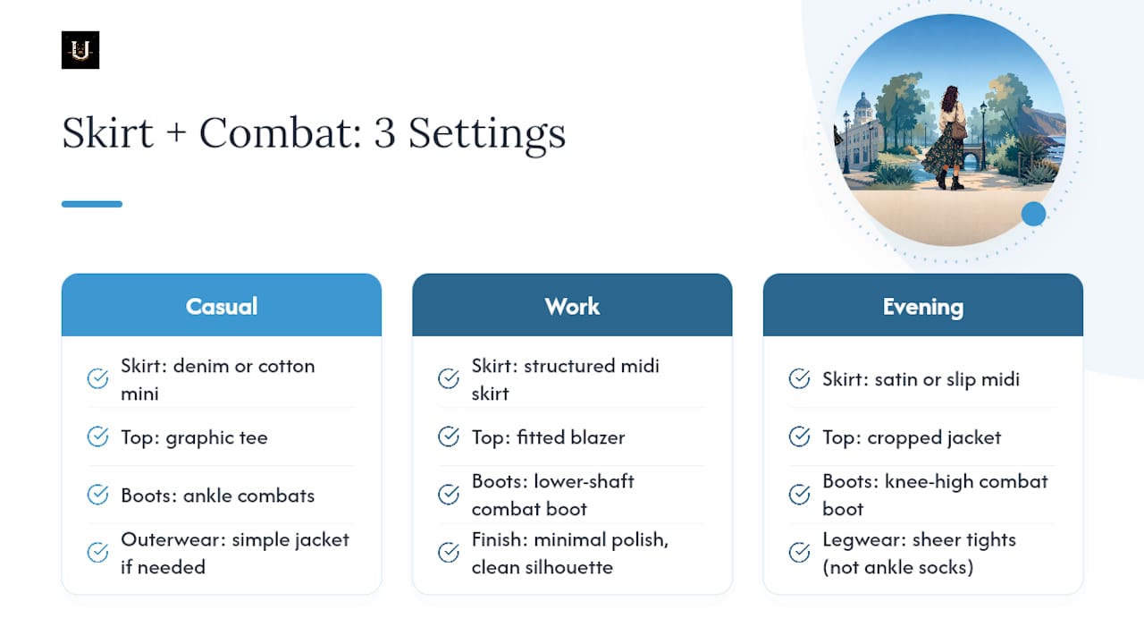 Combat Boots and Skirts for Casual, Work, and Evening Looks — overview diagram