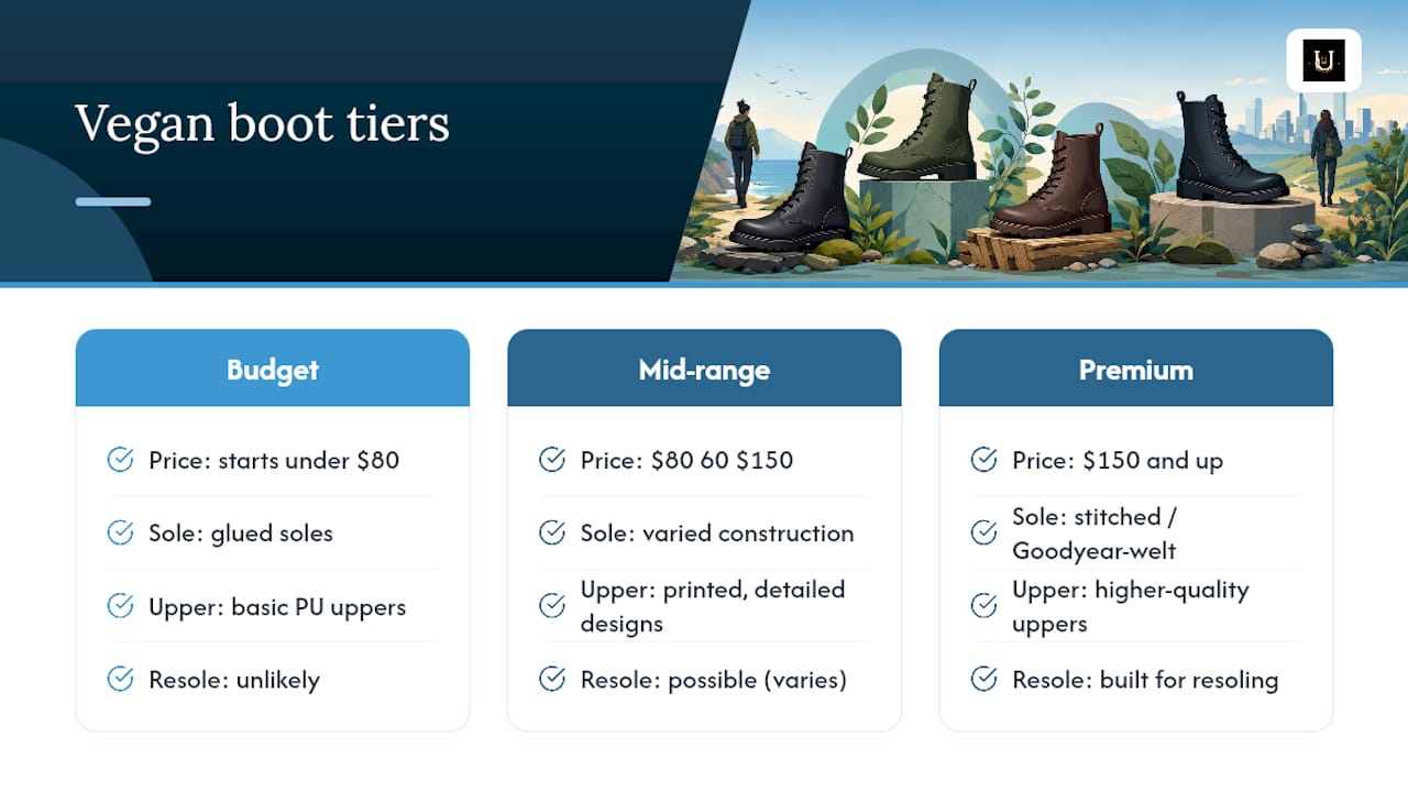 Comparison of vegan combat boot price tiers