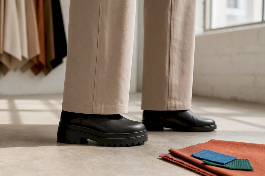 Trouser hems styled over contrasting sole heights