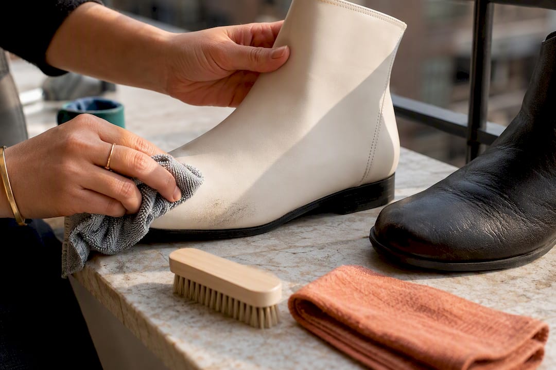 Cleaning a white boot beside worn black leather