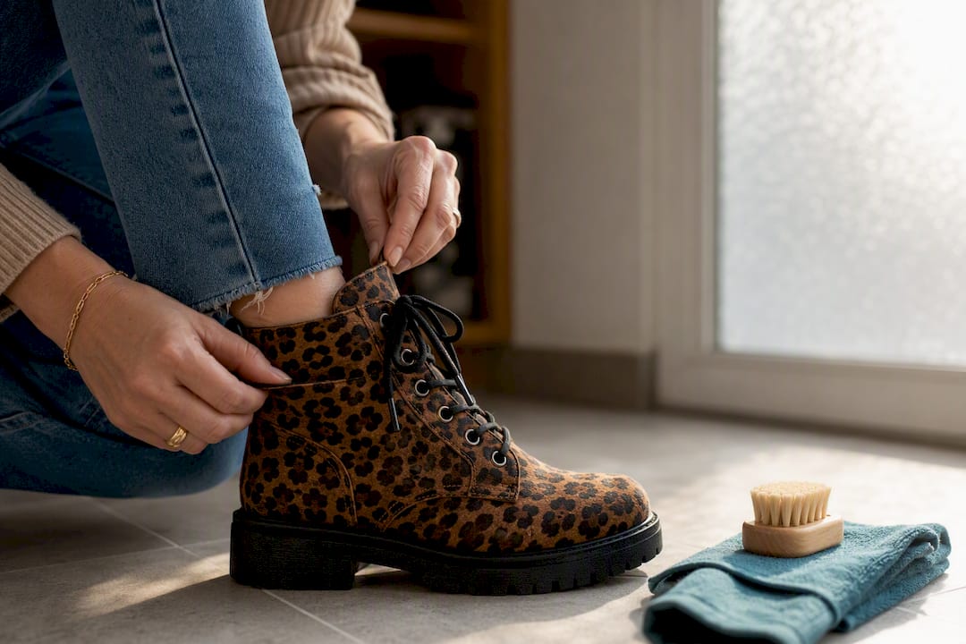 Hands checking combat boot fit and material