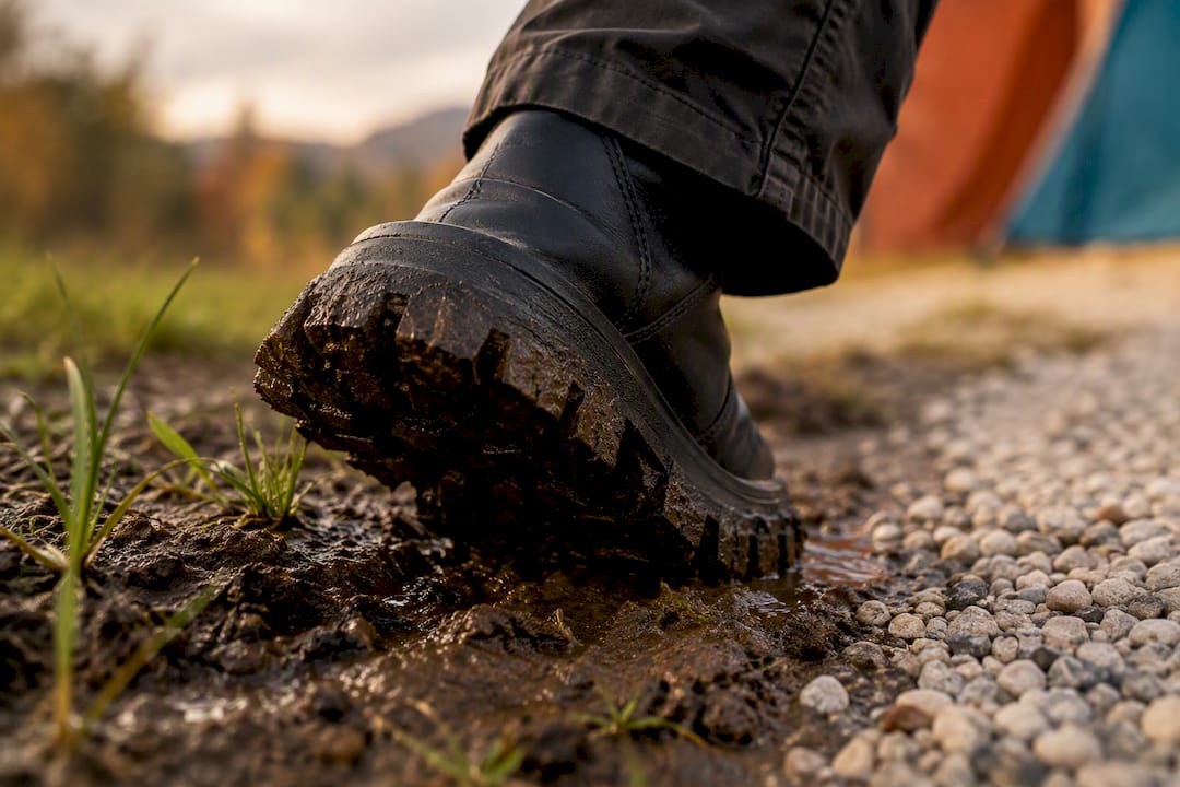 Rubber lug sole gripping muddy ground