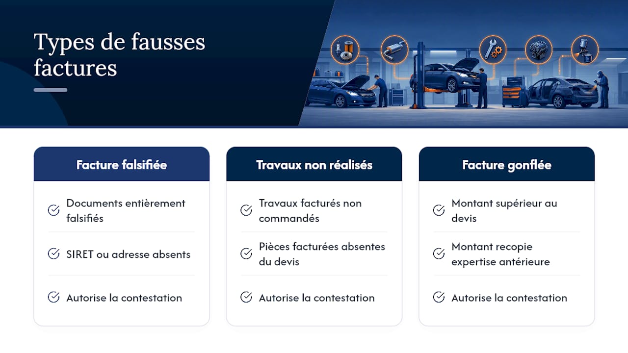 Schéma illustrant les différents types de fausses factures de garages et les problèmes juridiques associés