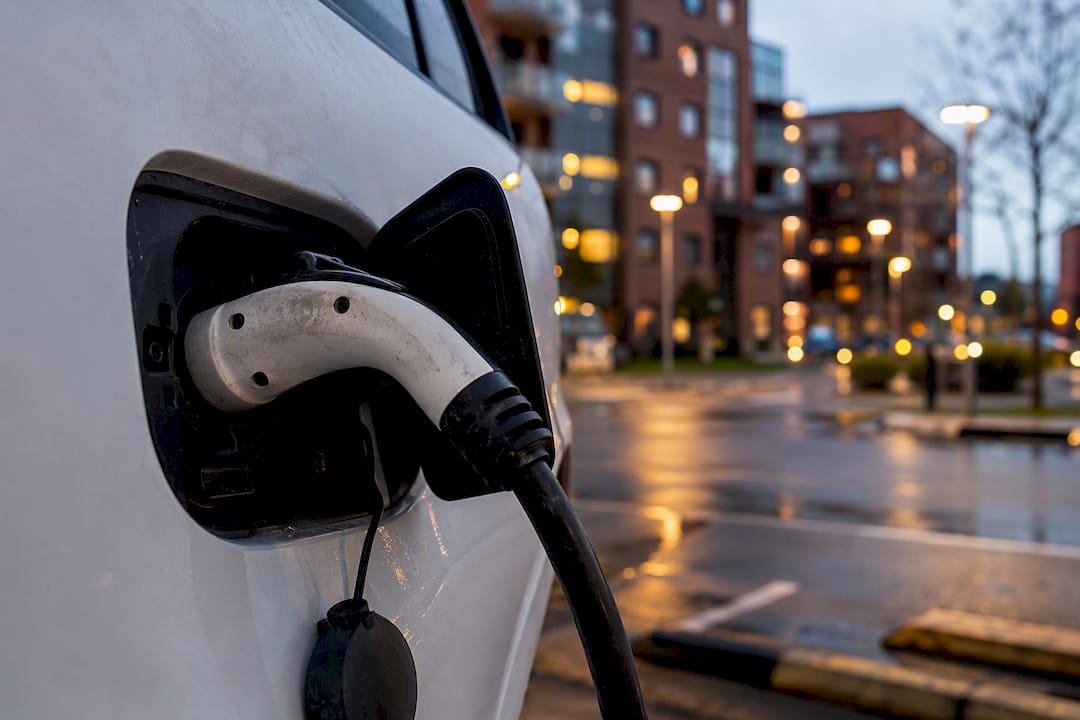 Zoom sur la prise de recharge d’un véhicule électrique, installée au cœur d’un environnement industriel.