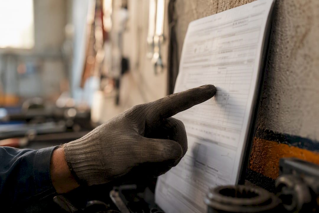 Une main gantée désigne un élément sur le rapport d’inspection du véhicule.