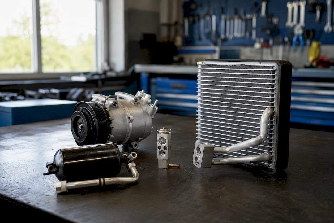 Évaporateur et valve d'expansion de climatisation automobile posés sur un établi
