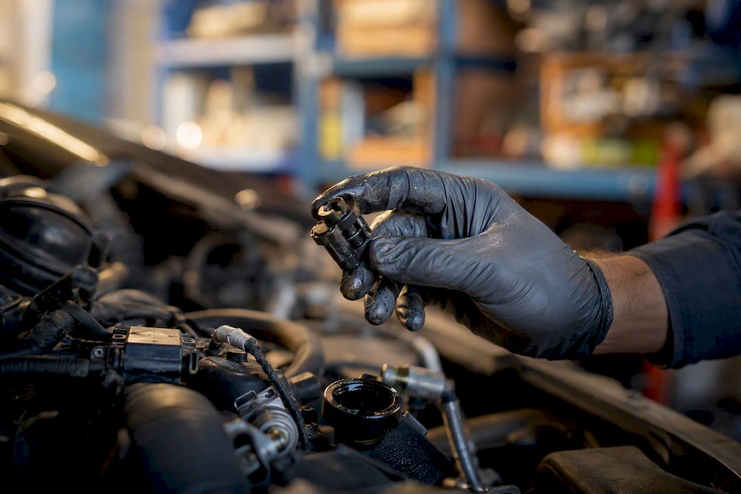Main gantée inspectant une pièce du moteur