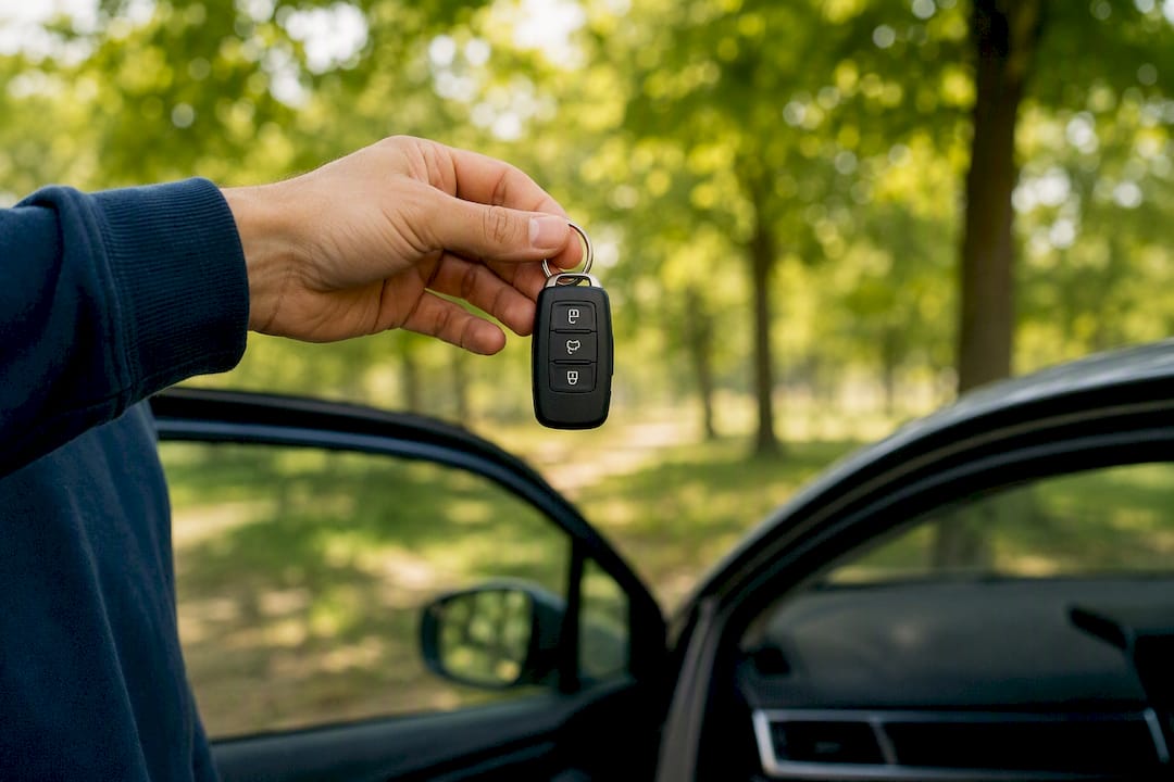 Main tenant une clé de voiture près de la poignée de porte