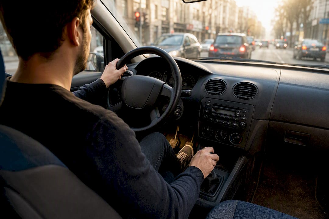 Pied du conducteur sur la pédale d’embrayage en ville
