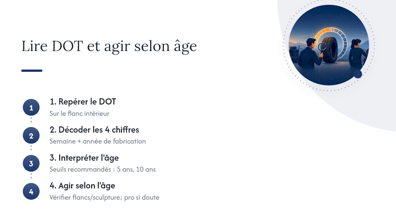 Schéma expliquant le code DOT des pneus et comparaison d'âge