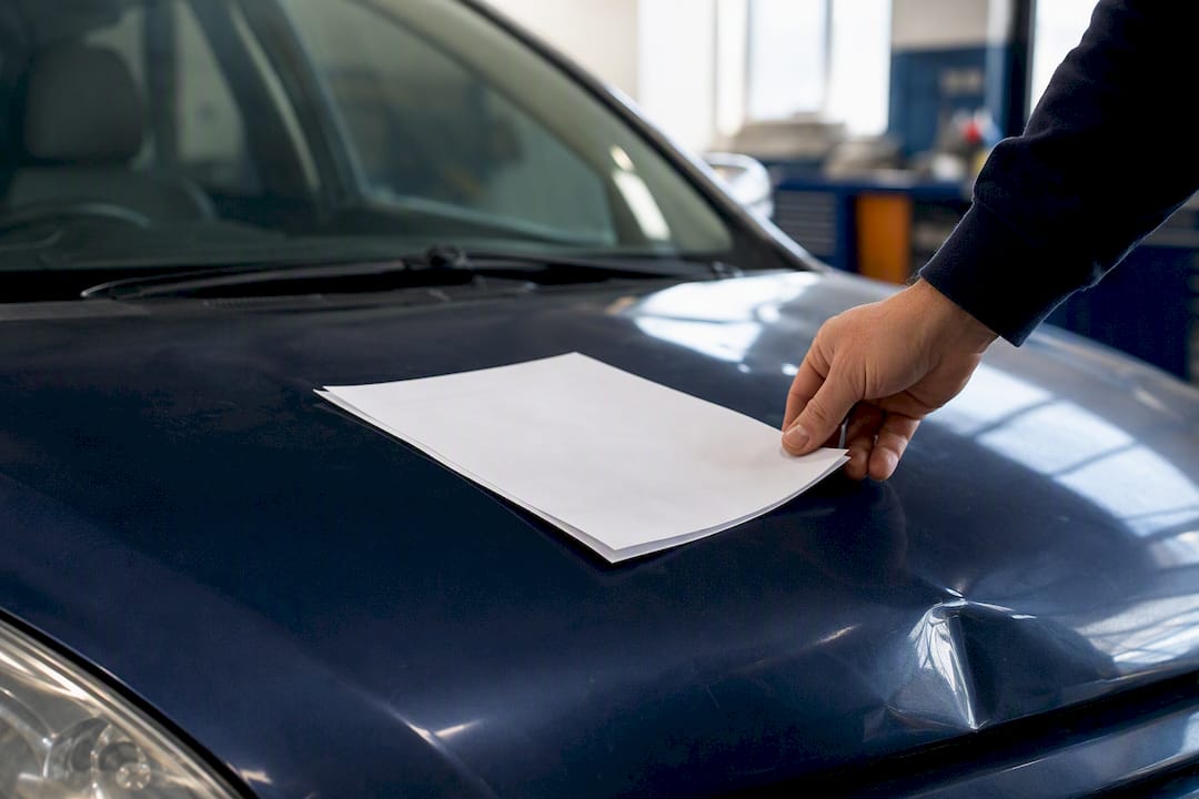 Main posant un rapport de véhicule sur le capot d'une voiture