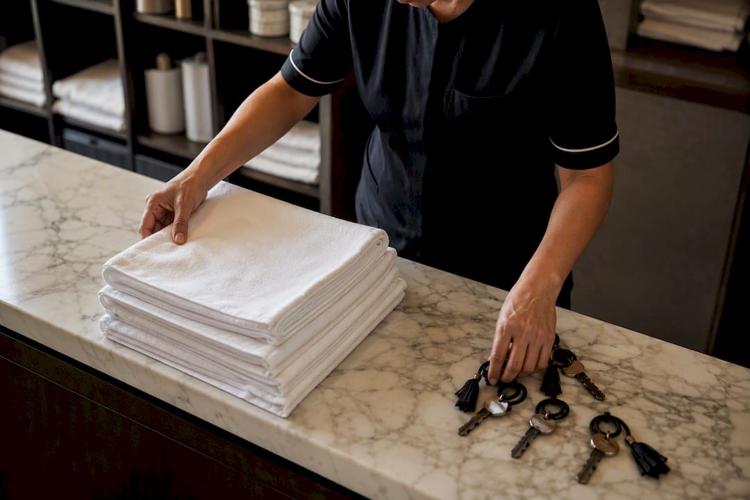 Le concierge s’affaire à ranger le linge et à trier les trousseaux de clés avec soin.