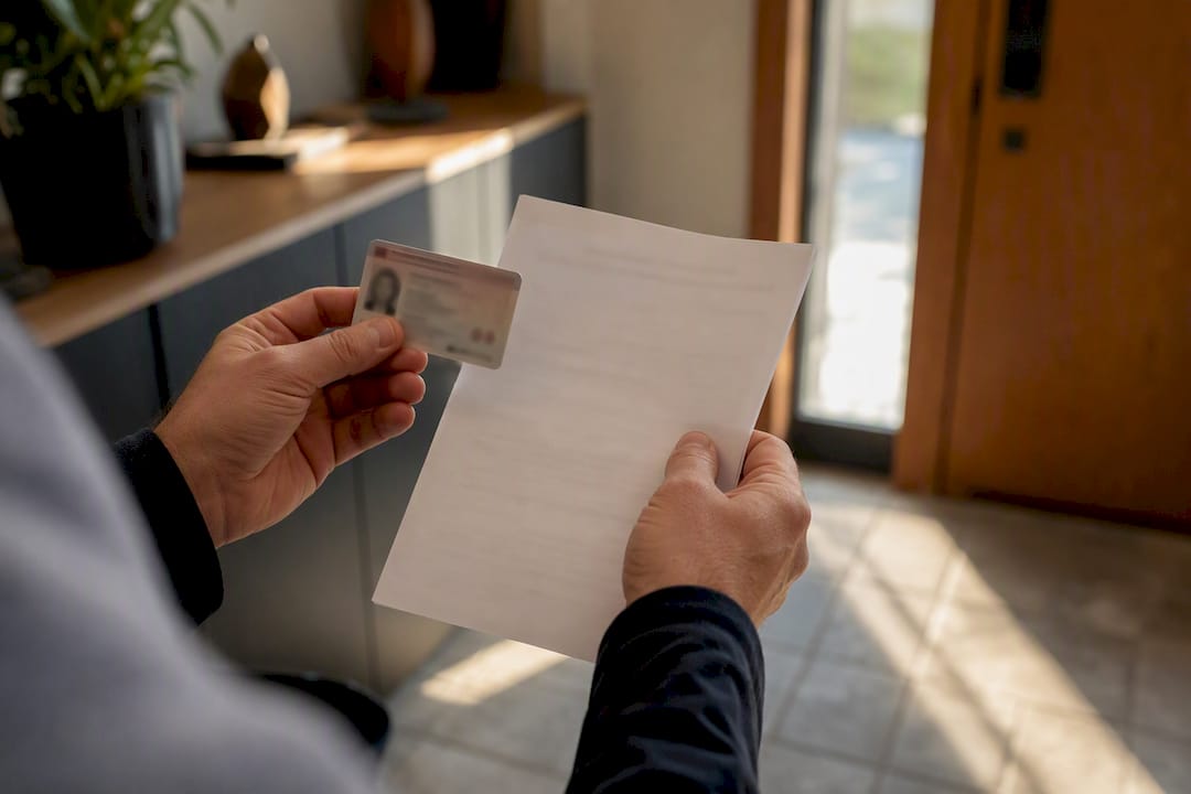 Les mains de l'hôte comparent la carte d'identité du client et le formulaire d'hébergement
