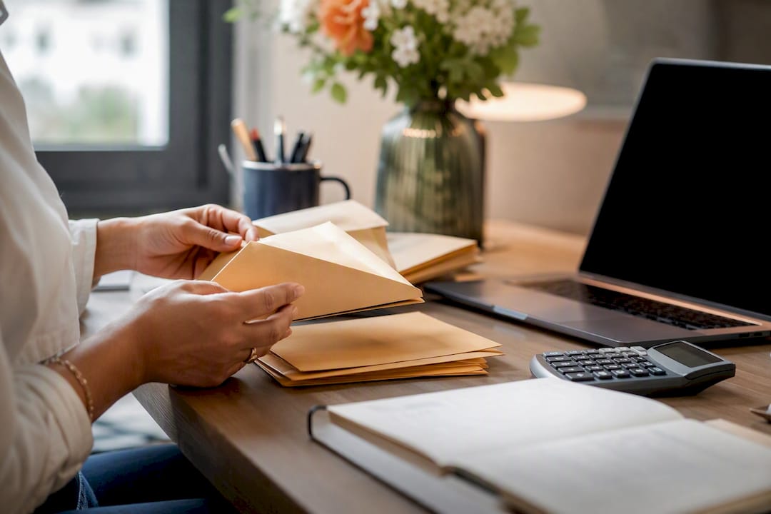 Mains triant des enveloppes en espèces classées par catégorie