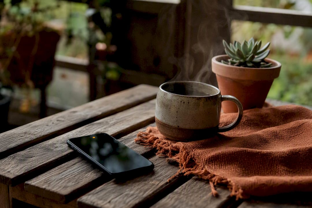 Glowing smartphone notification in warm home office