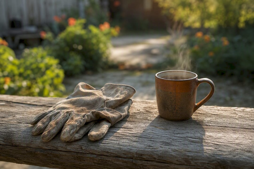 Tradesman gloves and coffee on wood bench