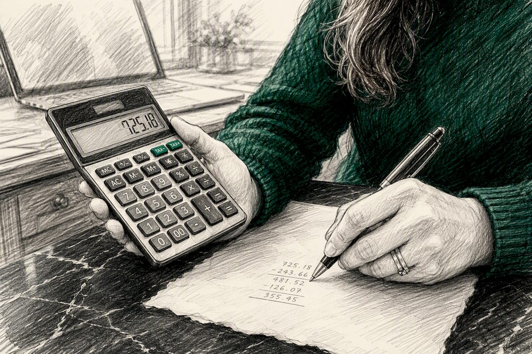 Des mains en train d’évaluer les risques à l’aide d’une calculatrice et de feuilles de calcul.