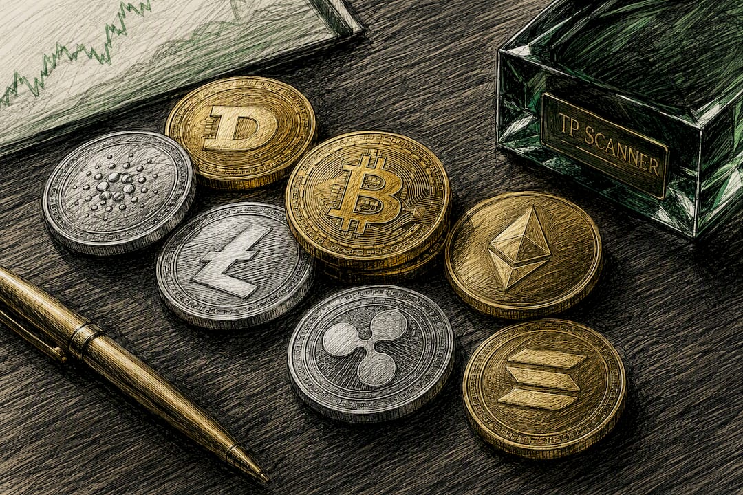 Représentation physique de pièces de cryptomonnaie sur un bureau