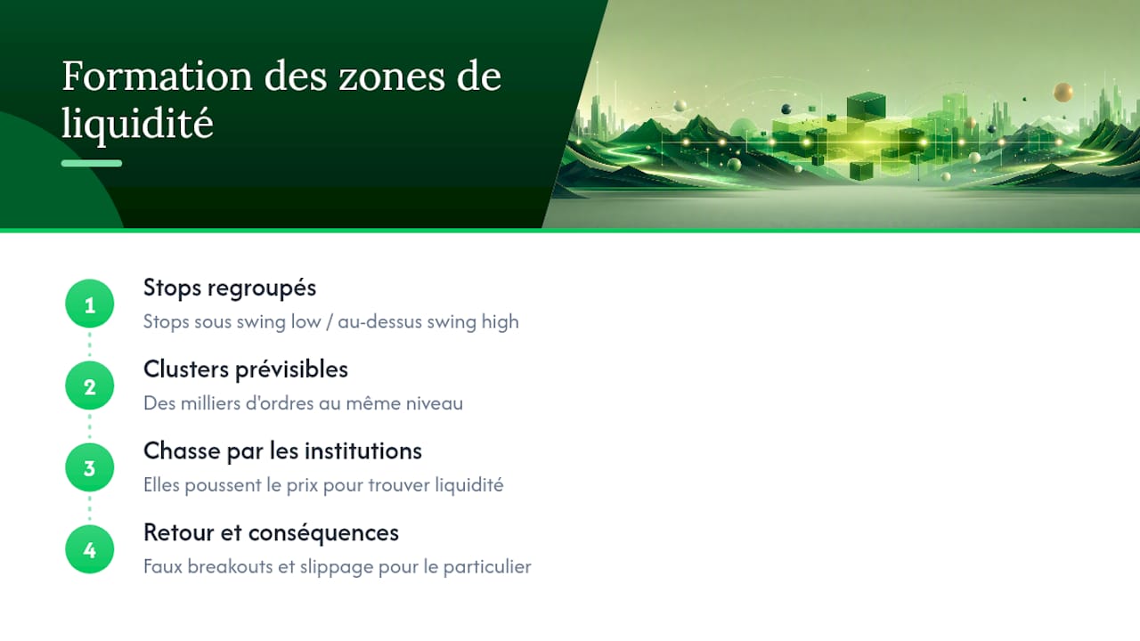 Pourquoi ces zones se forment : stops, order blocks et comportement des institutions — overview diagram