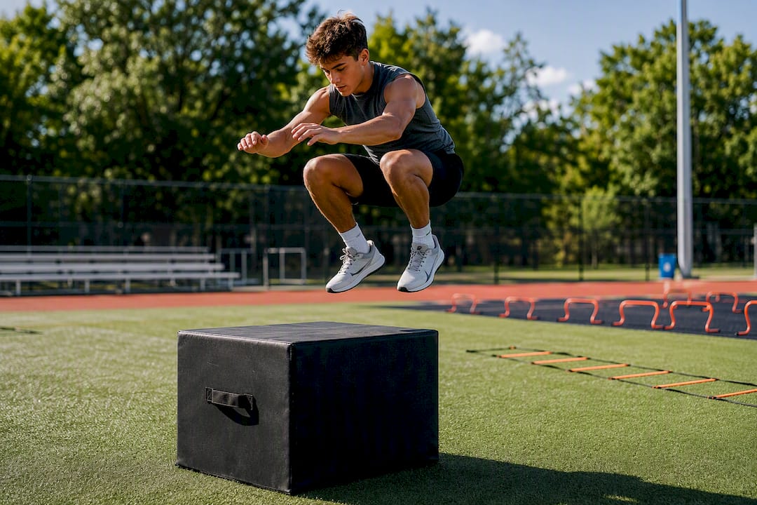 Adolescent athlete performing plyometric jump
