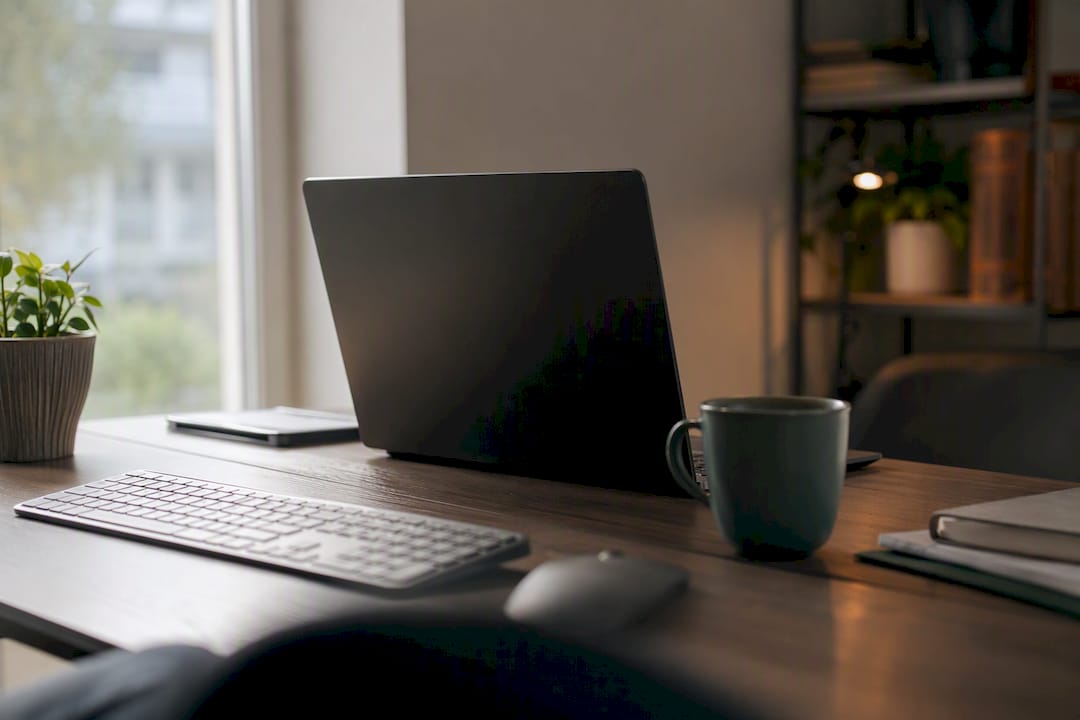 Arbejdsplads med bærbar computer og en grøn plante på bordet