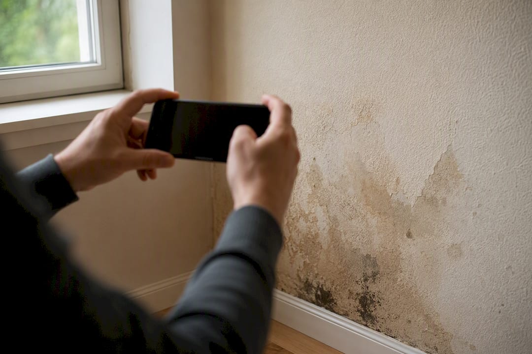 En person tager billeder af skimmelsvamp på væggen