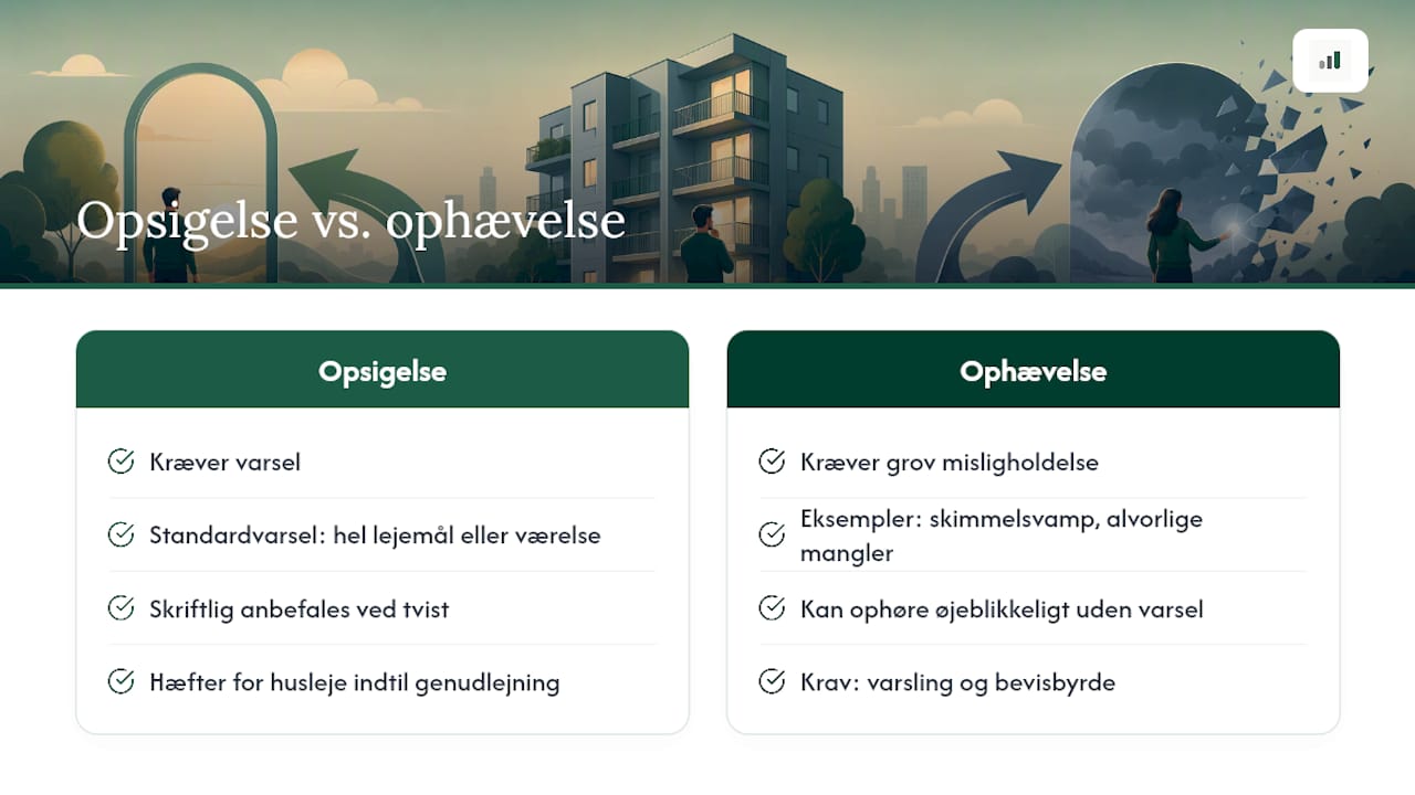Oversigt, der viser forskellen mellem ophør og annullering af lejekontrakt