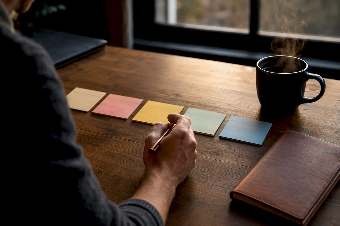 Color-coded sticky notes on corkboard for project phases