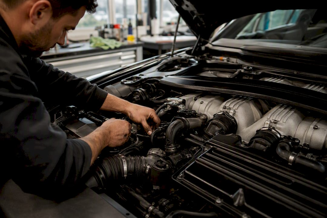 Technician working on V12 engine components