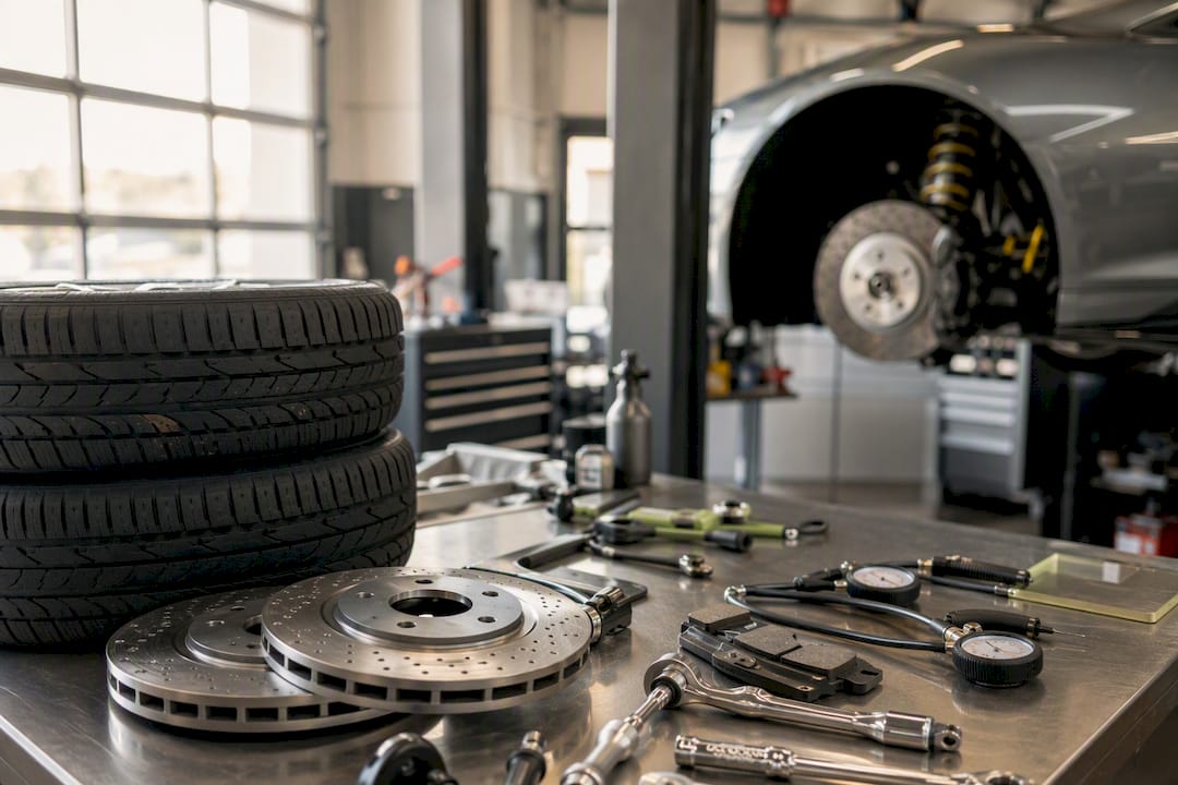 Close-up of brake discs and tire with mechanic tools