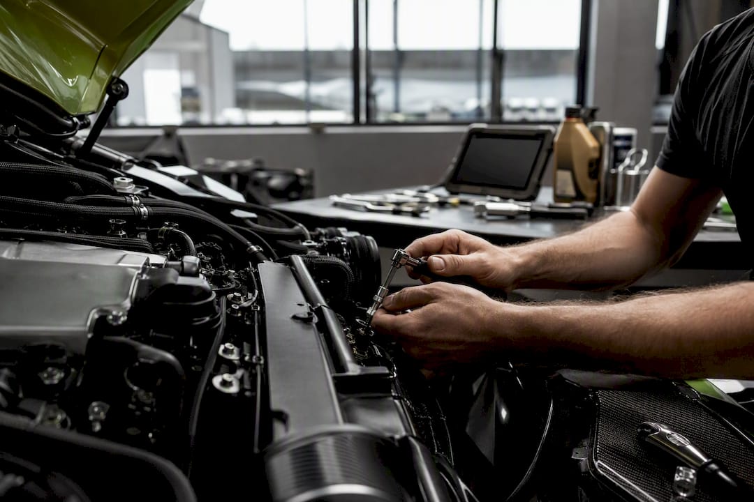 Technician hands servicing exotic car engine