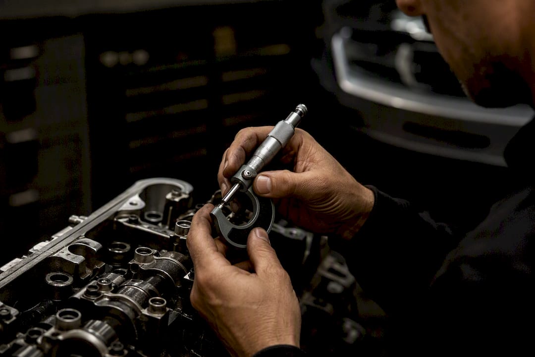Hands measuring engine components in workshop