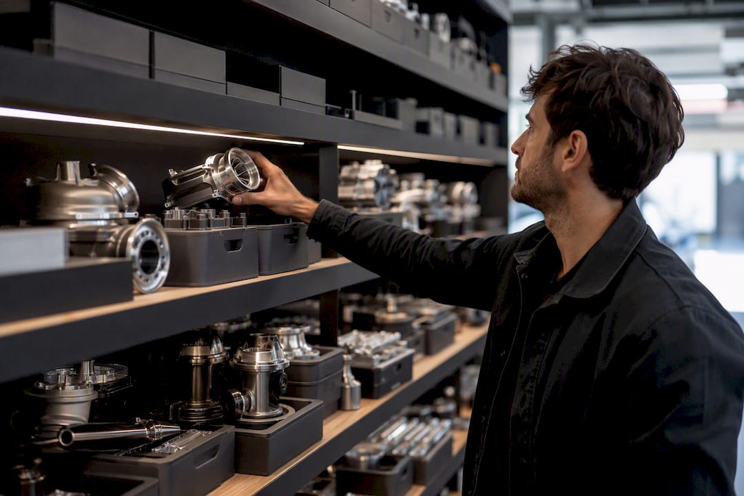 Hand selecting exotic car part on workshop shelf