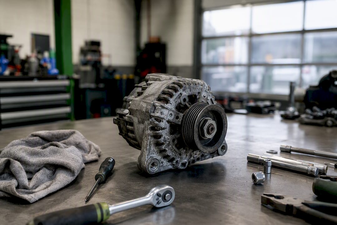 Close-up of remanufactured car alternator on workbench