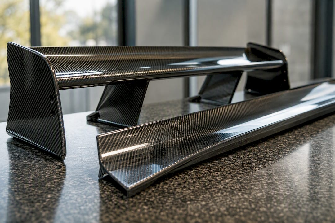 Close-up of carbon fiber aerodynamic car parts