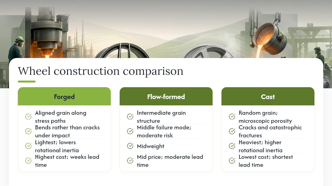 Comparison diagram of forged, flow-formed, and cast wheel properties