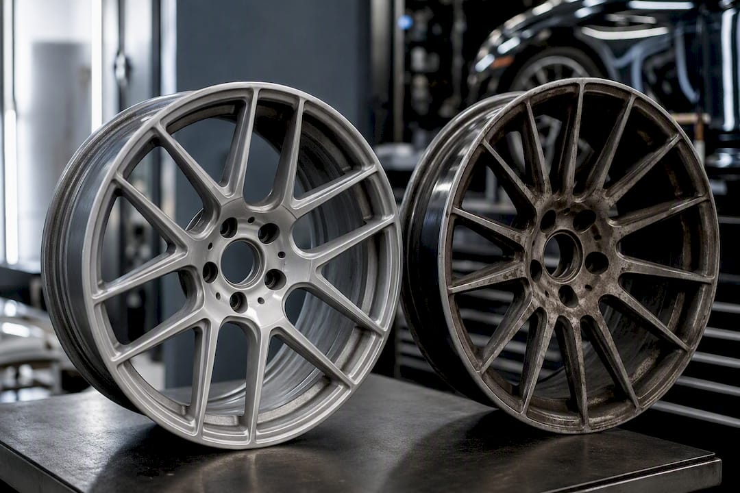 Forged wheels showing ceramic and metallic brake dust contrast