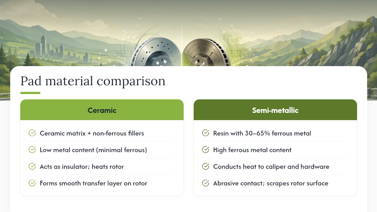 Heat conduction and wear differences between ceramic and semi-metallic pads