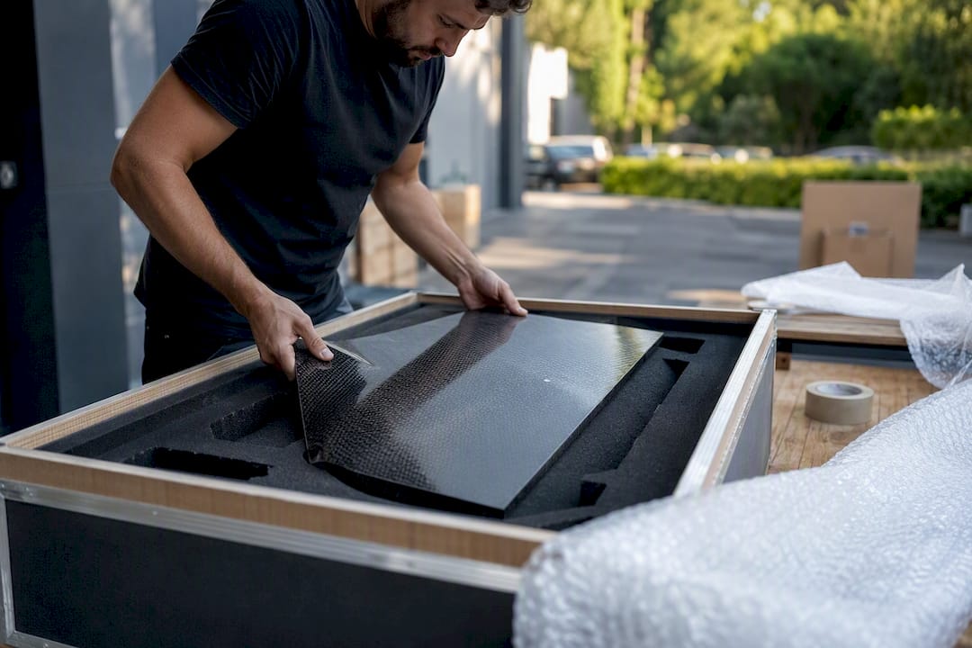Hands packing carbon fiber supercar panel