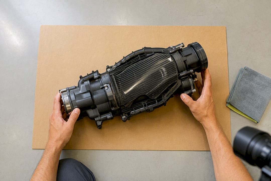 Automotive part positioned on plain cardboard