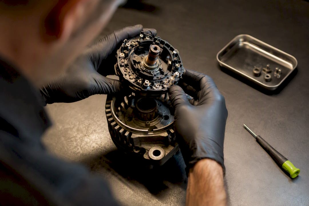Specialist rebuilding an alternator core